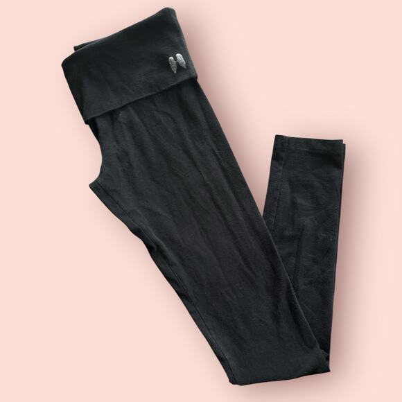 Y2K Victoria's Secret VS Foldover Fitted Leggings Gold Wing Small Black Low Rise - Picture 2 of 5